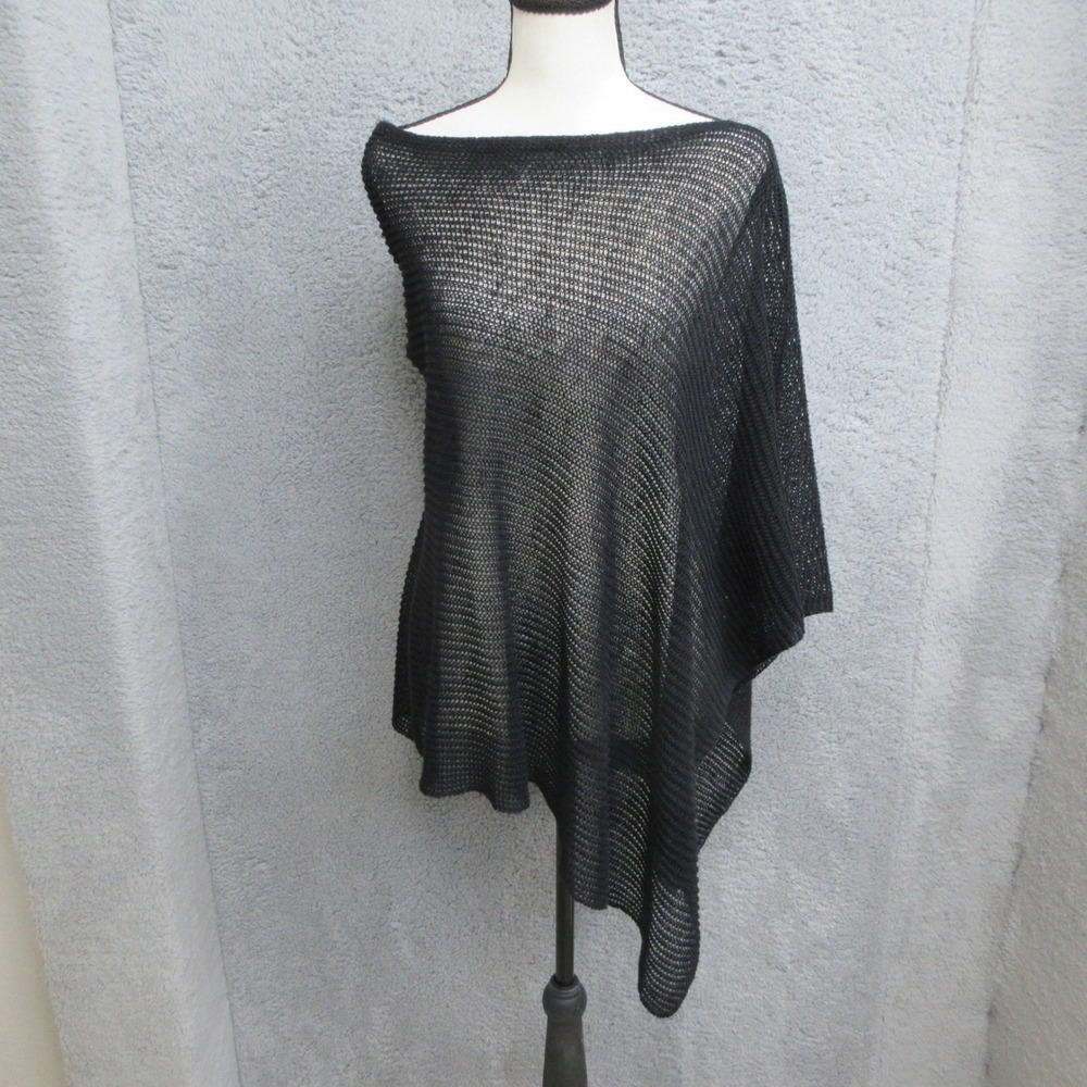 Eileen Fisher Poncho Top Women OS Black Excellent Asymmetrical Sheer Mesh Knit